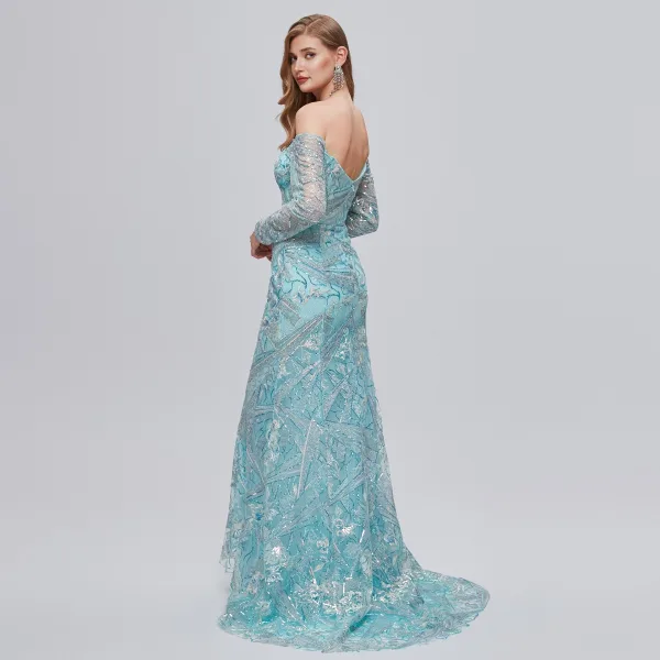 Sexy Mint Green Sequins Lace Flower Evening Dresses 2023 Trumpet / Mermaid Off-The-Shoulder 3/4 Sleeve Backless Floor-Length / Long Evening Party Formal Dresses