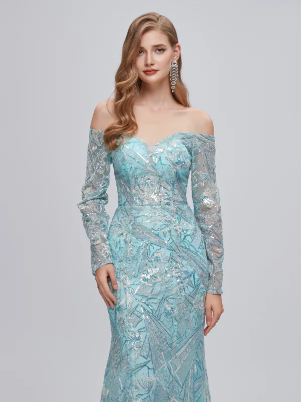 Sexy Mint Green Sequins Lace Flower Evening Dresses 2023 Trumpet / Mermaid Off-The-Shoulder 3/4 Sleeve Backless Floor-Length / Long Evening Party Formal Dresses