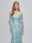 Sexy Mint Green Sequins Lace Flower Evening Dresses 2023 Trumpet / Mermaid Off-The-Shoulder 3/4 Sleeve Backless Floor-Length / Long Evening Party Formal Dresses
