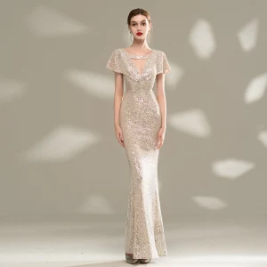 Sparkly Champagne Sequins Evening Dresses 2020 Trumpet Mermaid V Neck Short Sleeve Floor Length Long Backless Formal Dresses