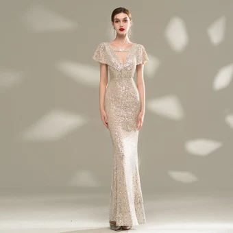 Scintillantes Champagne Paillettes Robe De Soirée 2020 Trompette Sirène V Cou Manches Courtes Longue Dos Nu Robe De Ceremonie
