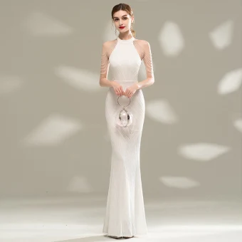 Chic Belle Blanche Robe De Soirée 2020 Trompette Sirène Encolure Dégagée Sans Manches Perlage Paillettes Longue Robe De Ceremonie