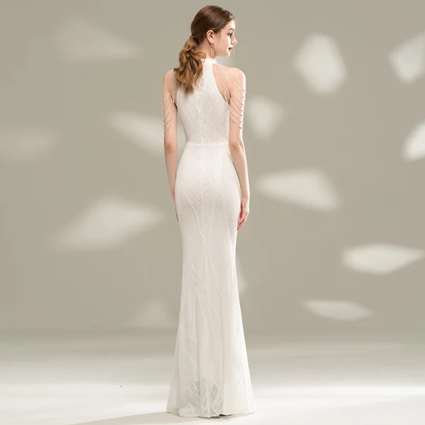 Chic / Beautiful White Evening Dresses  2020 Trumpet / Mermaid Scoop Neck Sleeveless Beading Sequins Floor-Length / Long Formal Dresses