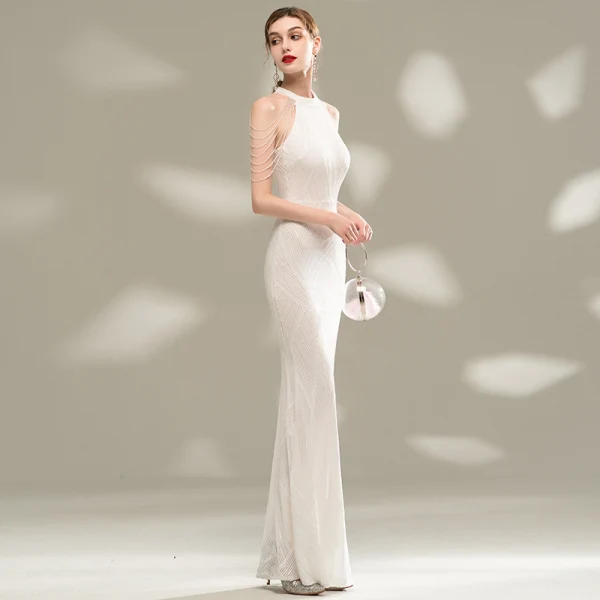 Chic / Beautiful White Evening Dresses  2020 Trumpet / Mermaid Scoop Neck Sleeveless Beading Sequins Floor-Length / Long Formal Dresses