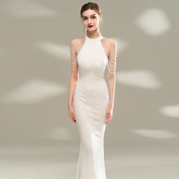 Chic / Beautiful White Evening Dresses  2020 Trumpet / Mermaid Scoop Neck Sleeveless Beading Sequins Floor-Length / Long Formal Dresses