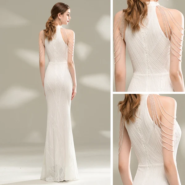 Chic / Beautiful White Evening Dresses  2020 Trumpet / Mermaid Scoop Neck Sleeveless Beading Sequins Floor-Length / Long Formal Dresses