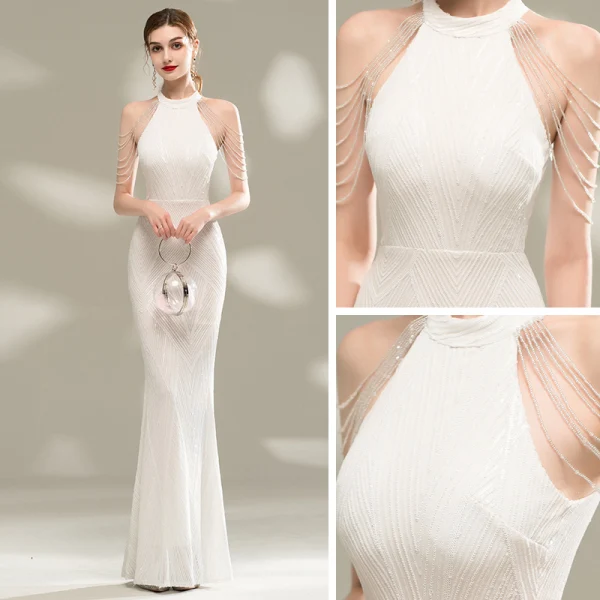 Chic / Beautiful White Evening Dresses  2020 Trumpet / Mermaid Scoop Neck Sleeveless Beading Sequins Floor-Length / Long Formal Dresses