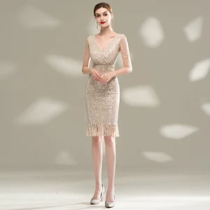 Sparkly Champagne Sequins Party Dresses 2020 Deep V Neck Sleeveless Beading Short Formal Dresses