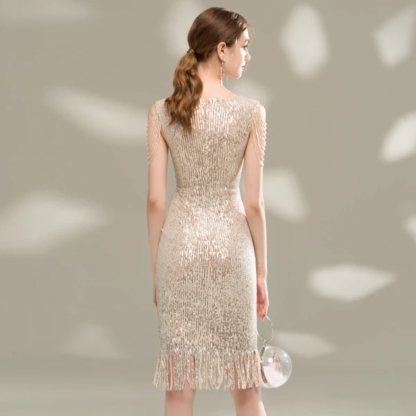 Scintillantes Champagne Paillettes Robe De Fete 2020 Col v profond Sans Manches Perlage Courte Robe De Ceremonie