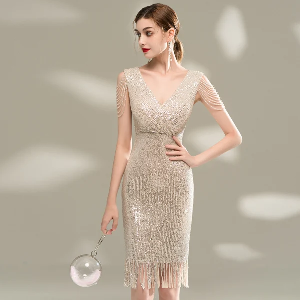 Scintillantes Champagne Paillettes Robe De Fete 2020 Col v profond Sans Manches Perlage Courte Robe De Ceremonie