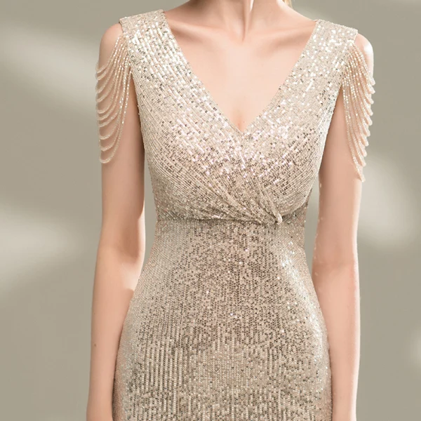 Scintillantes Champagne Paillettes Robe De Fete 2020 Col v profond Sans Manches Perlage Courte Robe De Ceremonie