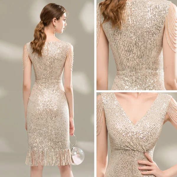 Scintillantes Champagne Paillettes Robe De Fete 2020 Col v profond Sans Manches Perlage Courte Robe De Ceremonie