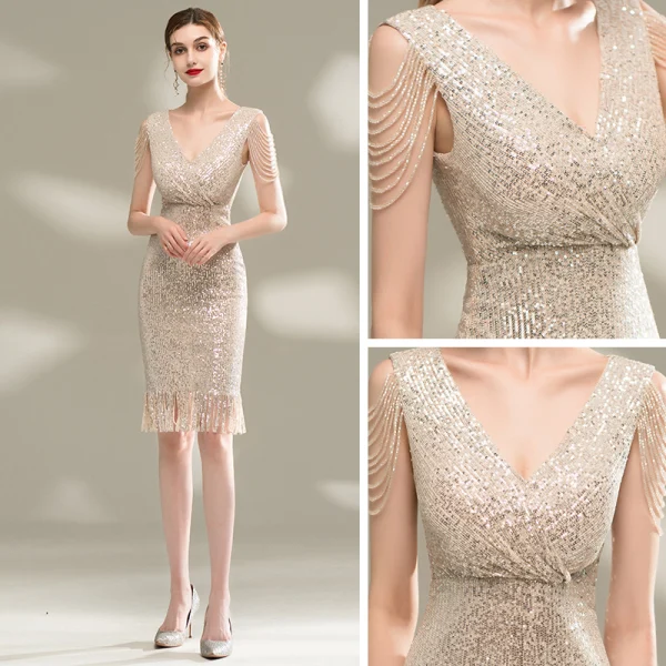 Scintillantes Champagne Paillettes Robe De Fete 2020 Col v profond Sans Manches Perlage Courte Robe De Ceremonie