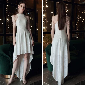 Chic Beautiful White Sequins Cocktail Dresses 2020 A Line Princess Scoop Neck Sleeveless Beading Asymmetrical Formal Dresses