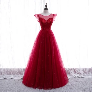 Chic Beautiful Burgundy Evening Dresses 2020 A Line Princess Scoop Neck Sleeveless Sequins Beading Floor Length Long Ruffle Backless Formal Dresses