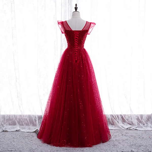 Chic / Belle Bordeaux Robe De Soirée 2020 Princesse Encolure Dégagée Sans Manches Paillettes Perlage Longue Volants Dos Nu Robe De Ceremonie