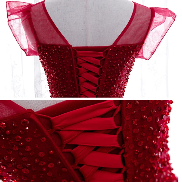 Chic / Belle Bordeaux Robe De Soirée 2020 Princesse Encolure Dégagée Sans Manches Paillettes Perlage Longue Volants Dos Nu Robe De Ceremonie