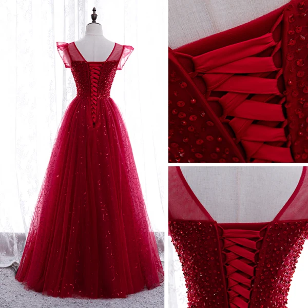Chic / Belle Bordeaux Robe De Soirée 2020 Princesse Encolure Dégagée Sans Manches Paillettes Perlage Longue Volants Dos Nu Robe De Ceremonie
