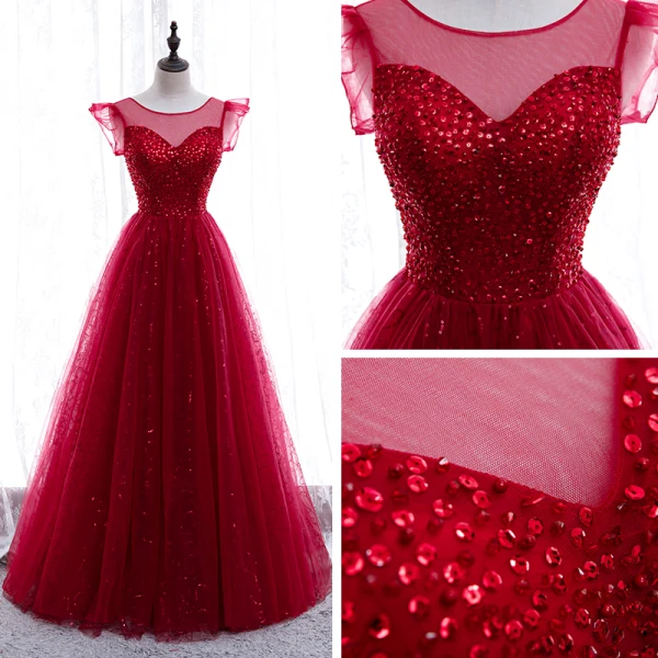 Chic / Belle Bordeaux Robe De Soirée 2020 Princesse Encolure Dégagée Sans Manches Paillettes Perlage Longue Volants Dos Nu Robe De Ceremonie