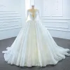 Luxury / Gorgeous White Bridal Wedding Dresses 2020 Ball Gown See-through Scoop Neck Sleeveless Backless Appliques Lace Beading Glitter Tulle Court Train