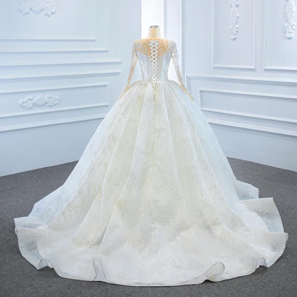 Luxury / Gorgeous White Bridal Wedding Dresses 2020 Ball Gown See-through Scoop Neck Sleeveless Backless Appliques Lace Beading Glitter Tulle Court Train