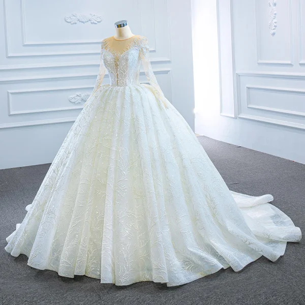 Luxury / Gorgeous White Bridal Wedding Dresses 2020 Ball Gown See-through Scoop Neck Sleeveless Backless Appliques Lace Beading Glitter Tulle Court Train