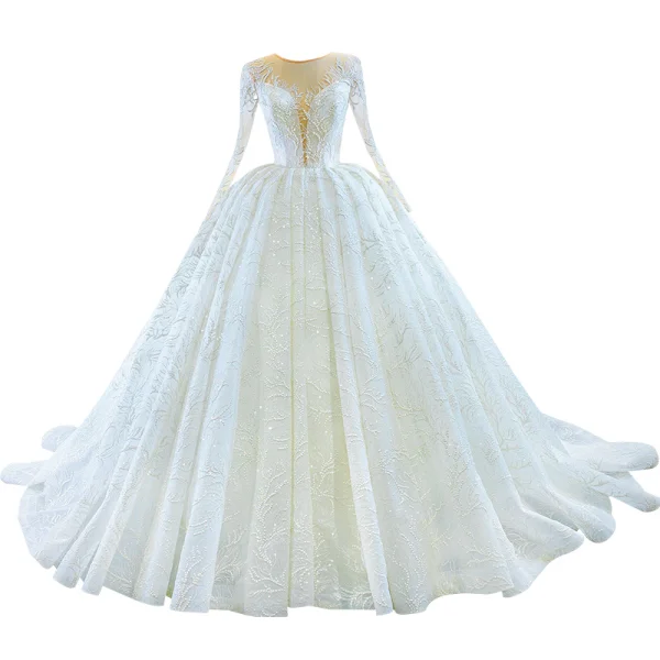 Luxury / Gorgeous White Bridal Wedding Dresses 2020 Ball Gown See-through Scoop Neck Sleeveless Backless Appliques Lace Beading Glitter Tulle Court Train