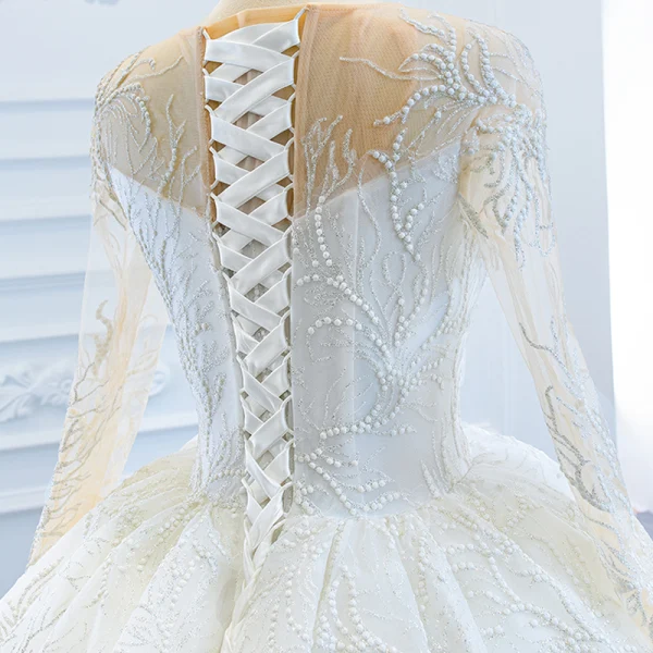 Luxury / Gorgeous White Bridal Wedding Dresses 2020 Ball Gown See-through Scoop Neck Sleeveless Backless Appliques Lace Beading Glitter Tulle Court Train
