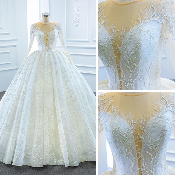 Luxury / Gorgeous White Bridal Wedding Dresses 2020 Ball Gown See-through Scoop Neck Sleeveless Backless Appliques Lace Beading Glitter Tulle Court Train