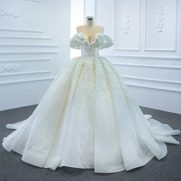 Luxe Blanche La Mariée Robe De Mariée 2020 Robe Boule De L Épaule Manches Courtes Dos Nu Glitter Tulle Perlage Appliques En Dentelle Chapel Train Volants