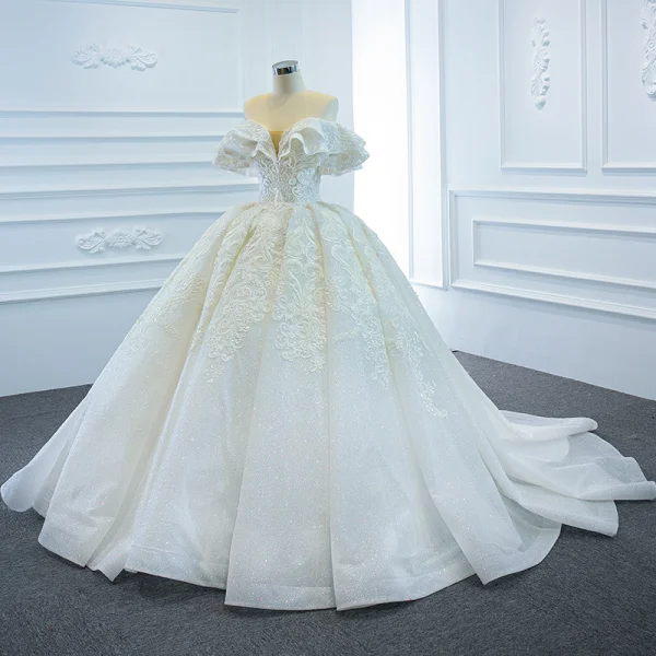 Luxury / Gorgeous White Bridal Wedding Dresses 2020 Ball Gown Off-The-Shoulder Short Sleeve Backless Glitter Tulle Beading Appliques Lace Chapel Train Ruffle