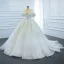 Luxury / Gorgeous White Bridal Wedding Dresses 2020 Ball Gown Off-The-Shoulder Short Sleeve Backless Glitter Tulle Beading Appliques Lace Chapel Train Ruffle