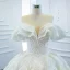Luxury / Gorgeous White Bridal Wedding Dresses 2020 Ball Gown Off-The-Shoulder Short Sleeve Backless Glitter Tulle Beading Appliques Lace Chapel Train Ruffle