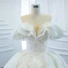 Luxury / Gorgeous White Bridal Wedding Dresses 2020 Ball Gown Off-The-Shoulder Short Sleeve Backless Glitter Tulle Beading Appliques Lace Chapel Train Ruffle