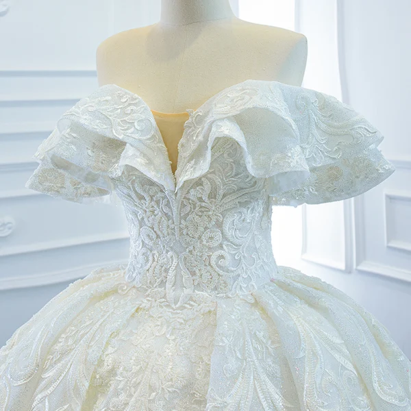 Luxury / Gorgeous White Bridal Wedding Dresses 2020 Ball Gown Off-The-Shoulder Short Sleeve Backless Glitter Tulle Beading Appliques Lace Chapel Train Ruffle