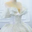 Luxury / Gorgeous White Bridal Wedding Dresses 2020 Ball Gown Off-The-Shoulder Short Sleeve Backless Glitter Tulle Beading Appliques Lace Chapel Train Ruffle