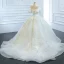 Luxury / Gorgeous White Bridal Wedding Dresses 2020 Ball Gown Off-The-Shoulder Short Sleeve Backless Glitter Tulle Beading Appliques Lace Chapel Train Ruffle