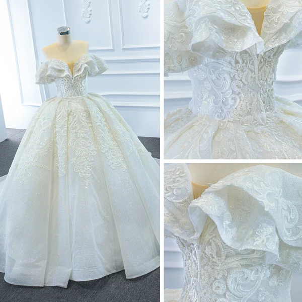 Luxury / Gorgeous White Bridal Wedding Dresses 2020 Ball Gown Off-The-Shoulder Short Sleeve Backless Glitter Tulle Beading Appliques Lace Chapel Train Ruffle