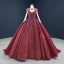 Vintage / Originale Bordeaux Robe De Bal 2020 Robe Boule Transparentes Encolure Dégagée Manches Longues Paillettes Fait main Perlage Tribunal Train Volants Dos Nu Robe De Ceremonie