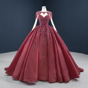 Vintage Borgoña Vestidos De Gala 2020 Ball Gown Transparentes Scoop Escote Manga Larga Lentejuelas Hecho A Mano Rebordear Colas De La Corte Ruffle Sin Espalda Vestidos Formales