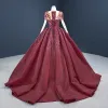 Vintage / Retro Burgundy Prom Dresses 2020 Ball Gown See-through Scoop Neck Long Sleeve Sequins Handmade  Beading Court Train Ruffle Backless Formal Dresses