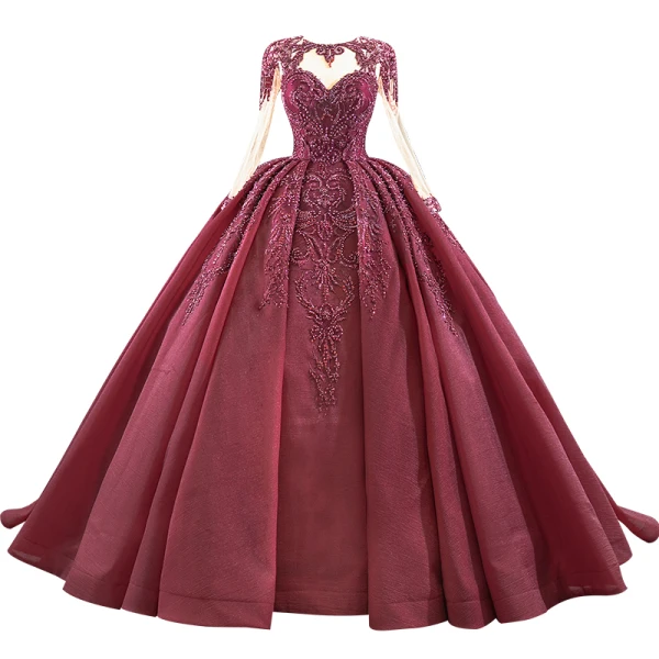 Vintage / Originale Bordeaux Robe De Bal 2020 Robe Boule Transparentes Encolure Dégagée Manches Longues Paillettes Fait main Perlage Tribunal Train Volants Dos Nu Robe De Ceremonie