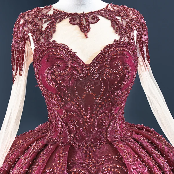Vintage / Originale Bordeaux Robe De Bal 2020 Robe Boule Transparentes Encolure Dégagée Manches Longues Paillettes Fait main Perlage Tribunal Train Volants Dos Nu Robe De Ceremonie