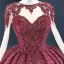 Vintage / Originale Bordeaux Robe De Bal 2020 Robe Boule Transparentes Encolure Dégagée Manches Longues Paillettes Fait main Perlage Tribunal Train Volants Dos Nu Robe De Ceremonie