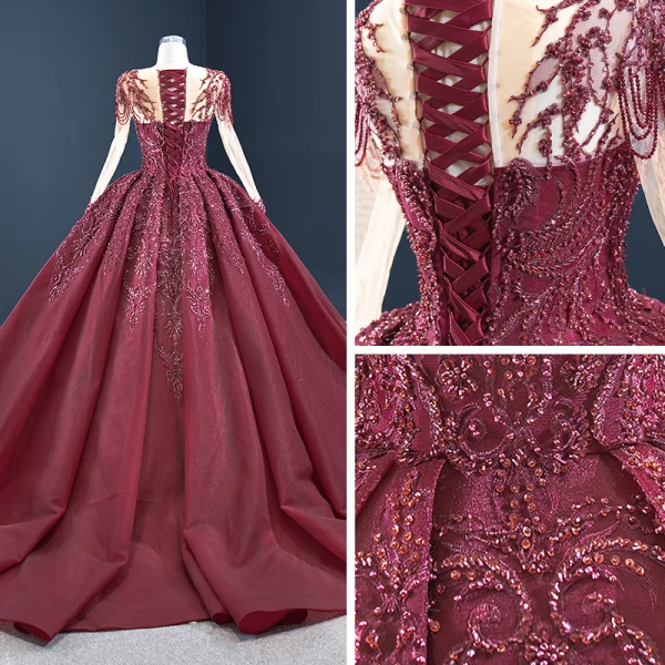 Vintage / Originale Bordeaux Robe De Bal 2020 Robe Boule Transparentes Encolure Dégagée Manches Longues Paillettes Fait main Perlage Tribunal Train Volants Dos Nu Robe De Ceremonie