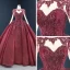 Vintage / Originale Bordeaux Robe De Bal 2020 Robe Boule Transparentes Encolure Dégagée Manches Longues Paillettes Fait main Perlage Tribunal Train Volants Dos Nu Robe De Ceremonie