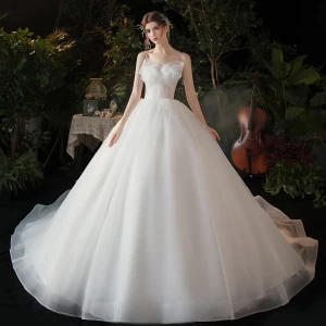 Modest Simple White Bridal Wedding Dresses 2020 Ball Gown Spaghetti Straps Sleeveless Backless Bow Chapel Train Ruffle