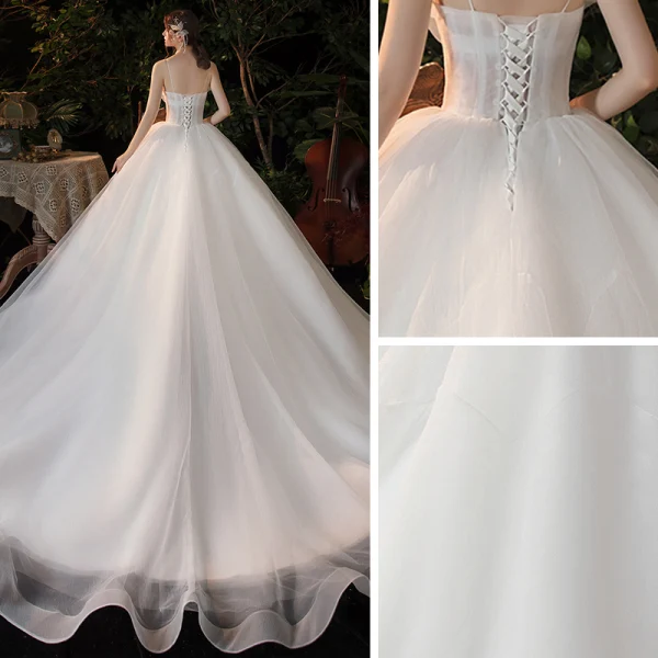 Modest / Simple White Bridal Wedding Dresses 2020 Ball Gown Spaghetti Straps Sleeveless Backless Bow Chapel Train Ruffle