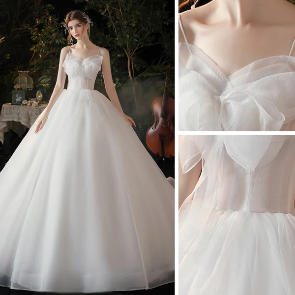 Modest / Simple White Bridal Wedding Dresses 2020 Ball Gown Spaghetti Straps Sleeveless Backless Bow Chapel Train Ruffle