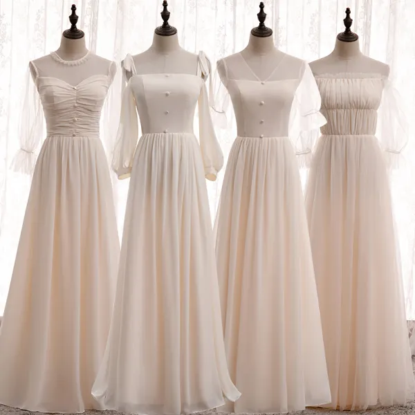 Affordable Champagne Chiffon Bridesmaid Dresses 2020 A-Line / Princess Puffy Sleeveless Floor-Length / Long Ruffle